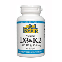 Natural Factors,Vitamin D3 &amp; K2 1000IU &amp; 120 mcg,Bone+Vascular Health,60... - $20.97