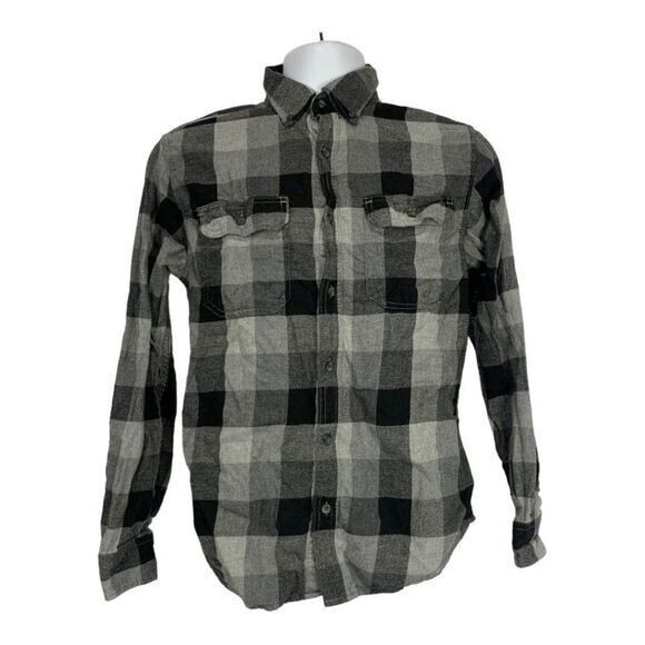 George Mens Black &amp; Gray Plaid Long Sleeve Button-Up Shirt Size Small - $14.00