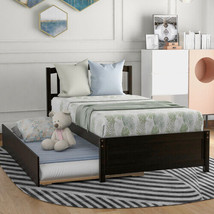 Twin Size Platform Bed Wood Bed Frame With Trundle, Espresso - £213.97 GBP