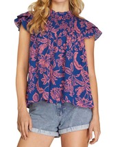 She + Sky double layered flutter sleeve print top w/smocked yoke in Blue - £27.63 GBP