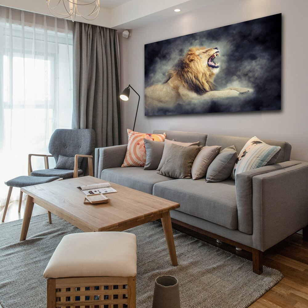Male Lion In Smoke Cool Wall Art Living Room FRAME AVAILABLE HQ Canvas Print Item image 3