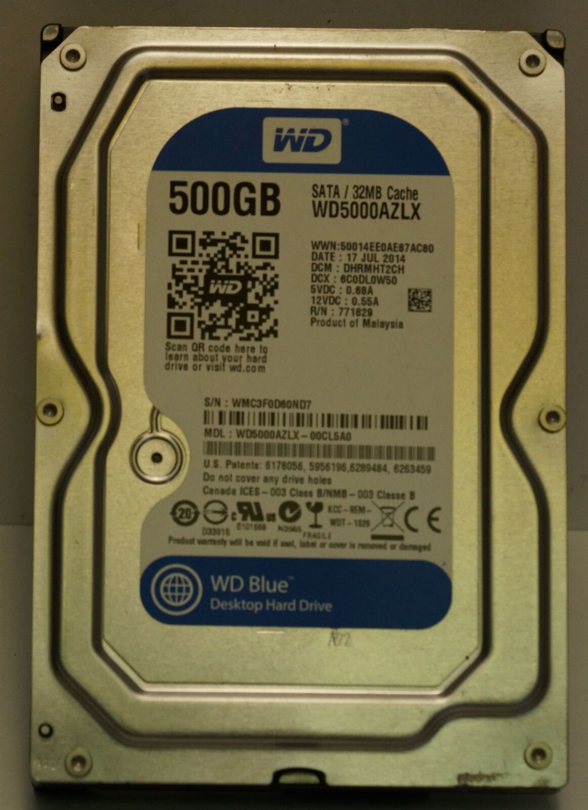 WD Western Digital WD5000AZLX HDD , 500 GB, SATA , 7200 RPM, tested w/ pics - $9.77