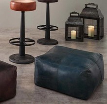 Comfortable extra seat , Blue Leather , Square Pouffe , ottoman snug , l... - £180.92 GBP