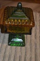 Vintage Jeannette Glass Wedding Cake Box Pedestal Candy Dish W/Lid Green Yellow - £35.88 GBP