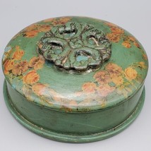 Vintage Decoupage Round Jewelry BOX Small Green Floral Signed RSW - £25.02 GBP