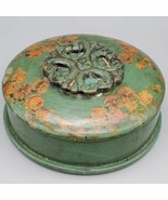 Vintage Decoupage Round Jewelry BOX Small Green Floral Signed RSW - $603.17 MXN