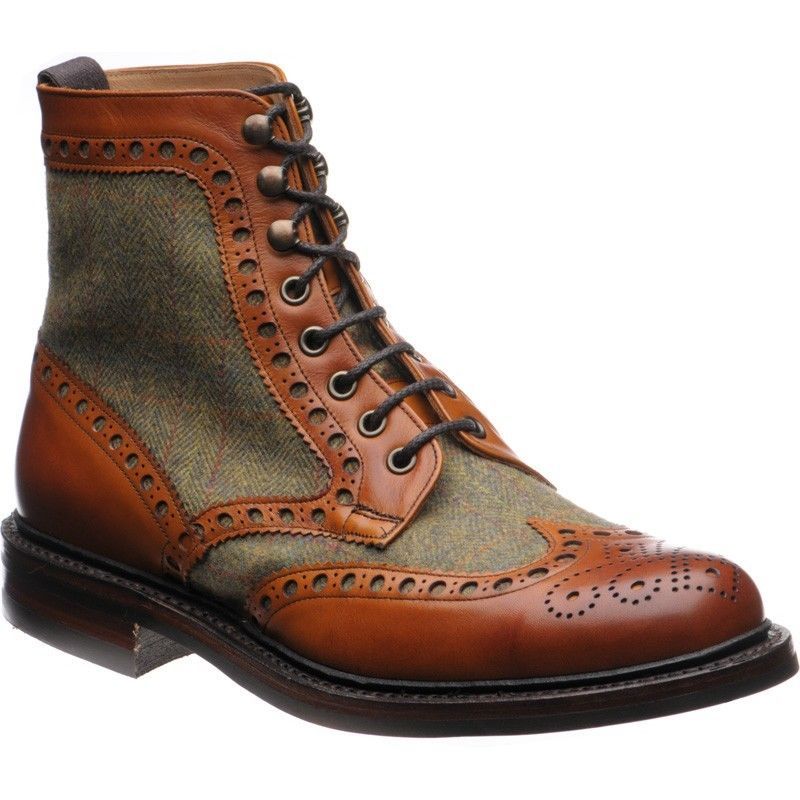 Men Brown Boots Green Tweed Chestnut Calf Brogue Toe Leather Ankle Boots US 7-16