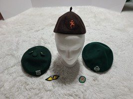 Lot Girl Scouts School STA Beret Brownie Wool Felt Cap Beanie Logo Patches VTG - £21.80 GBP