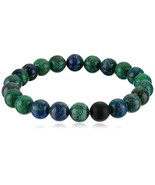 Mens Polished Azurite Stone and Matte Onyx Beaded Stretch Bracelet Green/Blue - £51.83 GBP