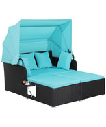 Patio Rattan Daybed with Retractable Canopy and Side Tables-Turquoise - ... - £315.08 GBP