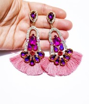 Pink Rose Earrings, Bridesmaid Rhinestone Tassel, 4.3 Inch Pageant Jewelry, Crys - £31.91 GBP