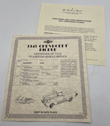 Danbury Mint 1941 Chevy Chevrolet Pickup Title Paperwork Only Diecast 1:24 - $18.00