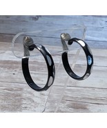 Vintage Clip On Earrings Large Black Hoops with Mirrored Silver Tone Detail - $12.99
