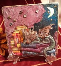 Dragon Guards Library Mixed Media Ceramic Tile Gift Handmade Wall Decor ... - $26.69 CAD