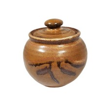 Vintage 4&quot; Stoneware Covered Sugar Bowl Brown Oriental Asian Style Artis... - $26.14