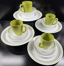 (4) Corelle Garden Sketch Bands 4 Pc Place Settings Corning Green White ... - £102.45 GBP