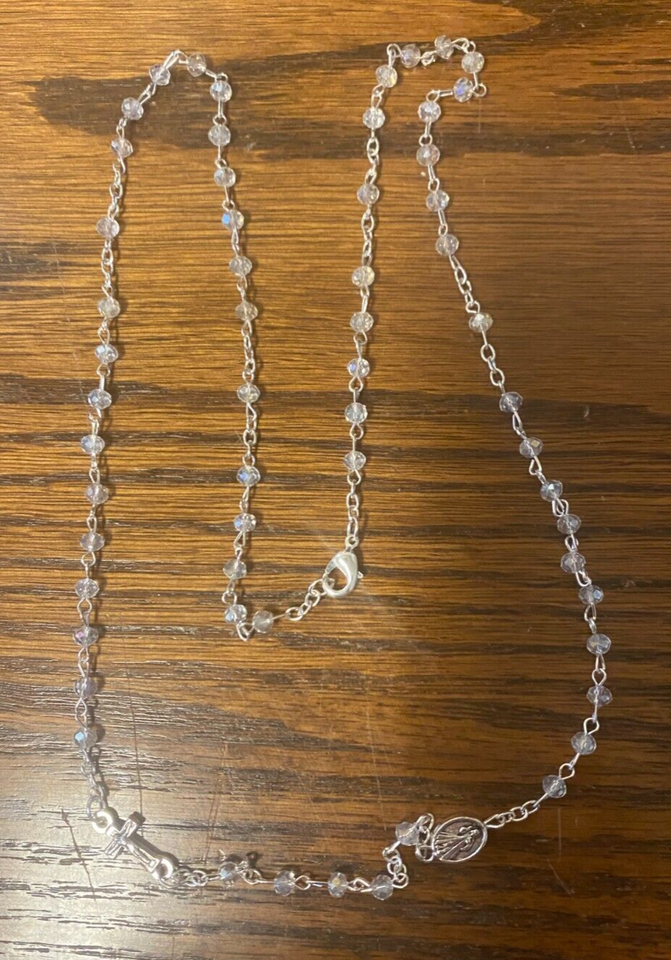 Divine Mercy Clear Glass Beads Rosary Necklace, New #MD-039