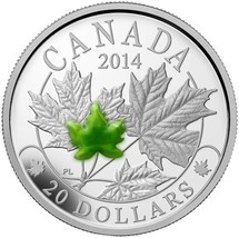 1 Oz Silver Coin 2016 $20 Canada Majestic Maple Leaves with Green Jade Stone - £115.49 GBP