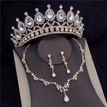 Vintage Blue Crown Bridal Jewelry Sets for Women Fashion Tiara Bride Necklace Se - £33.26 GBP