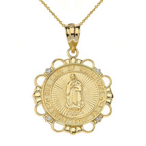 14k Solid Gold Diamond Our Lady of Guadalupe Pray For Us Pendant Necklace  - £295.11 GBP+