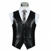 Vest Coat Button Leather Waistcoat Western Men Real Lambskin Black Classic - £77.72 GBP
