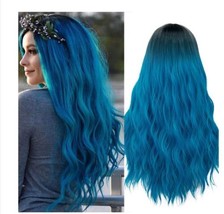 Mildiso Blue Wigs for Women 26&quot; Long Ombre Blue Wig with Wig Cap Curly Wavy Blue - £14.39 GBP