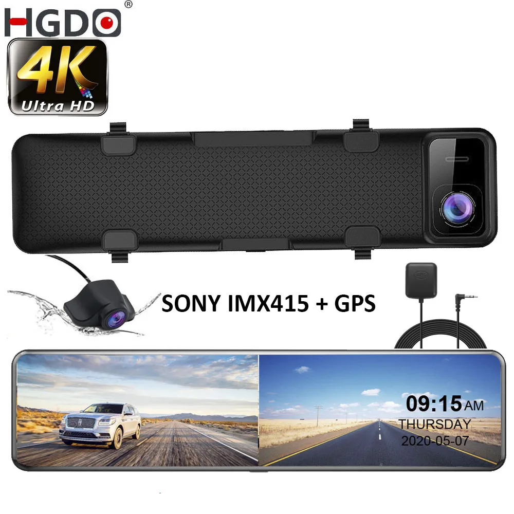 HGDO D466 12&quot; Car DVR 4K 3840*2160P Dash Cam Sony IMX415 Rear View Mirror GPS - £154.14 GBP+