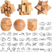 42 PCS Metal &amp; Wooden Brain Teasers Puzzles Kit -Unlock Interlock Puzzles Box Co - £33.03 GBP