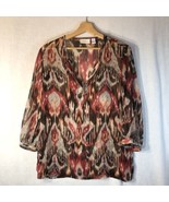 Flaw Chico&#39;s Size 1 M Brown Red Orange Split Neck Beaded Top Shirt - £19.48 GBP