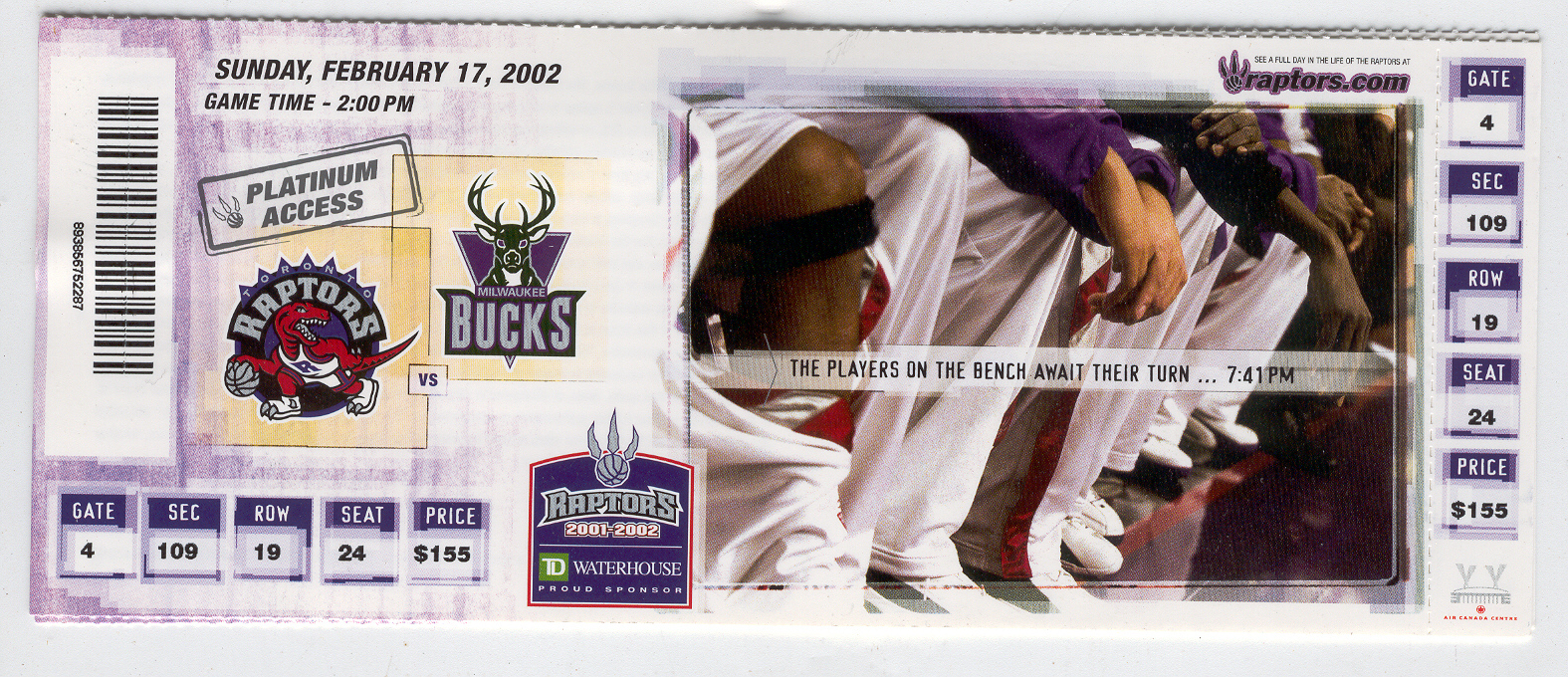 Primary image for TORONTO RAPTORS vs MILWAUKEE BUCKS 2002 Full Ticket Stub NBA THE NORTH Collectib