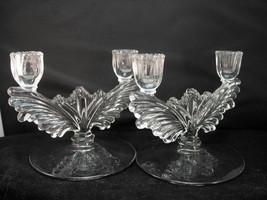 Tiffin Candle Holder PAIR 5904-2 Butterfly Fan Clear Elegant Glass No Etch VFC! - £21.24 GBP