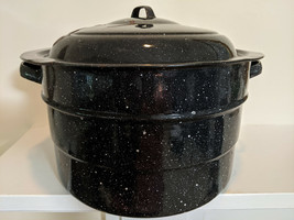 Antique Graniteware Enamelware Blue White Spatter XLG Canner Stock Pot Stew Pot - £36.08 GBP