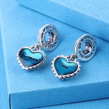 Mother&#39;s Day 925 Silver Mother and Son Dangle Charm Blue Enamel Hearts Charm - £17.40 GBP