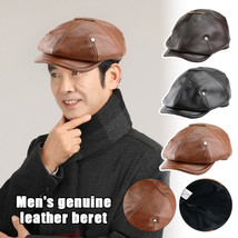 Mens 100% Genuine Leather Hat Winter Warm Cowhide Baseball Cap Beret Hat - £23.74 GBP