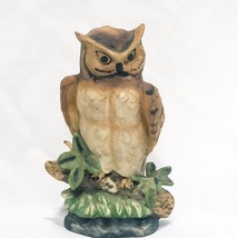 Vintage Owl sitting on Branch Figurine 6&quot; Brown Green Ceramic Damaged - $15.73