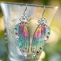 Minar Multiple Fantasy Neon Rhinestones Cicada Wings Earrings Fairy Butterfly Gr - £7.81 GBP