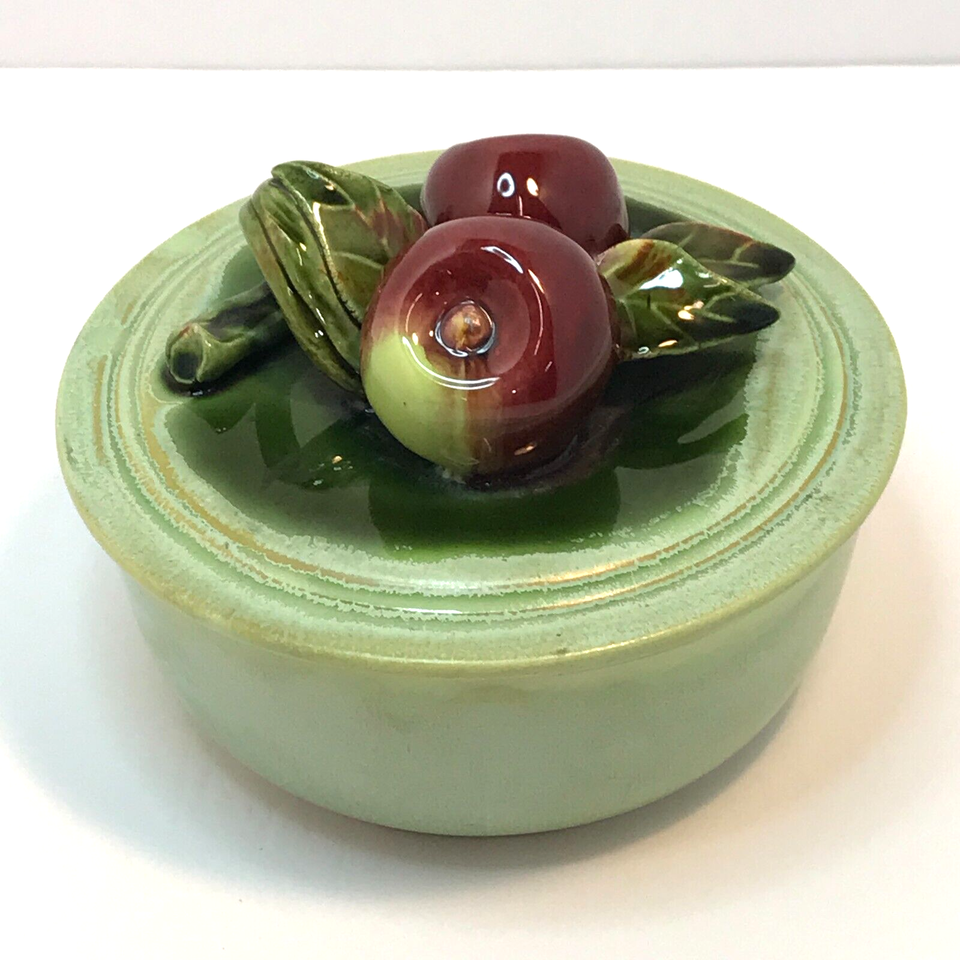 Primary image for Vintage Round Green Art Pottery Bowl with Red Apple Lid Mid Century Modern