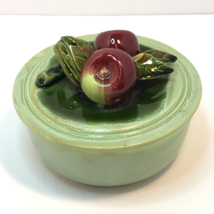 Vintage Round Green Art Pottery Bowl with Red Apple Lid Mid Century Modern - $19.79
