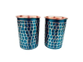 Rastogi Handicraft Pure Copper 2 Glass Outer Hammerd Firozi Paint Work Decorated - £23.50 GBP+