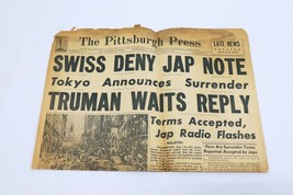 ORIGINAL Vintage Aug 14 1945 WWII Japan Surrenders Pittsburgh Press News... - $98.99
