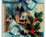 Blue Ribbon Holly Cabin Scene Merry Christmas Winsch Back DB Postcard UN... - $4.90