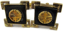 14K Gold Cufflinks Marked 14K TA Black Onyx Oriental Symbol Vintage - £471.01 GBP