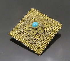925 Sterling Silver - Vintage Turquoise Floral Design Square Brooch Pin - BP7486 - £37.30 GBP