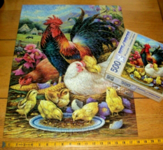 Jigsaw Puzzle 500 Pieces Farm Family Rooster Hen Baby Chicks Flowers Complete - £10.04 GBP