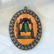 Vintage Oval Ceramic Liberty Bell &amp; American Flag in Lacy Antique Goldtone Frame - £8.35 GBP