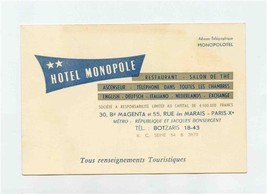 Hotel Monopole Paris France Advertising Card with Map  - £9.36 GBP