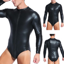 Men&#39;s Long Sleeve Faux Leather Leotard Bodysuit Wet Look Shorts Jumpsuit Catsuit - £15.04 GBP