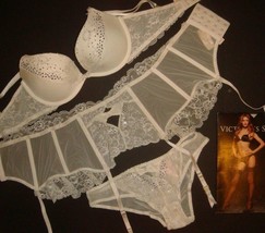 Victoria&#39;s Secret 32D,34B,34C,36D Bra Set+Garter Ivory White Crystallized Bridal - £134.21 GBP