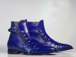 Handmade Men’s Leather Purple Dress Cap Toe Buckle &amp; Zipper High Ankle Boots-606 - £205.02 GBP