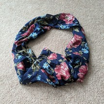 Navy Blue Red Rose Floral Silk Rectangle Neck Scarf Rolled Hem 10&quot;x52&quot; - £9.69 GBP